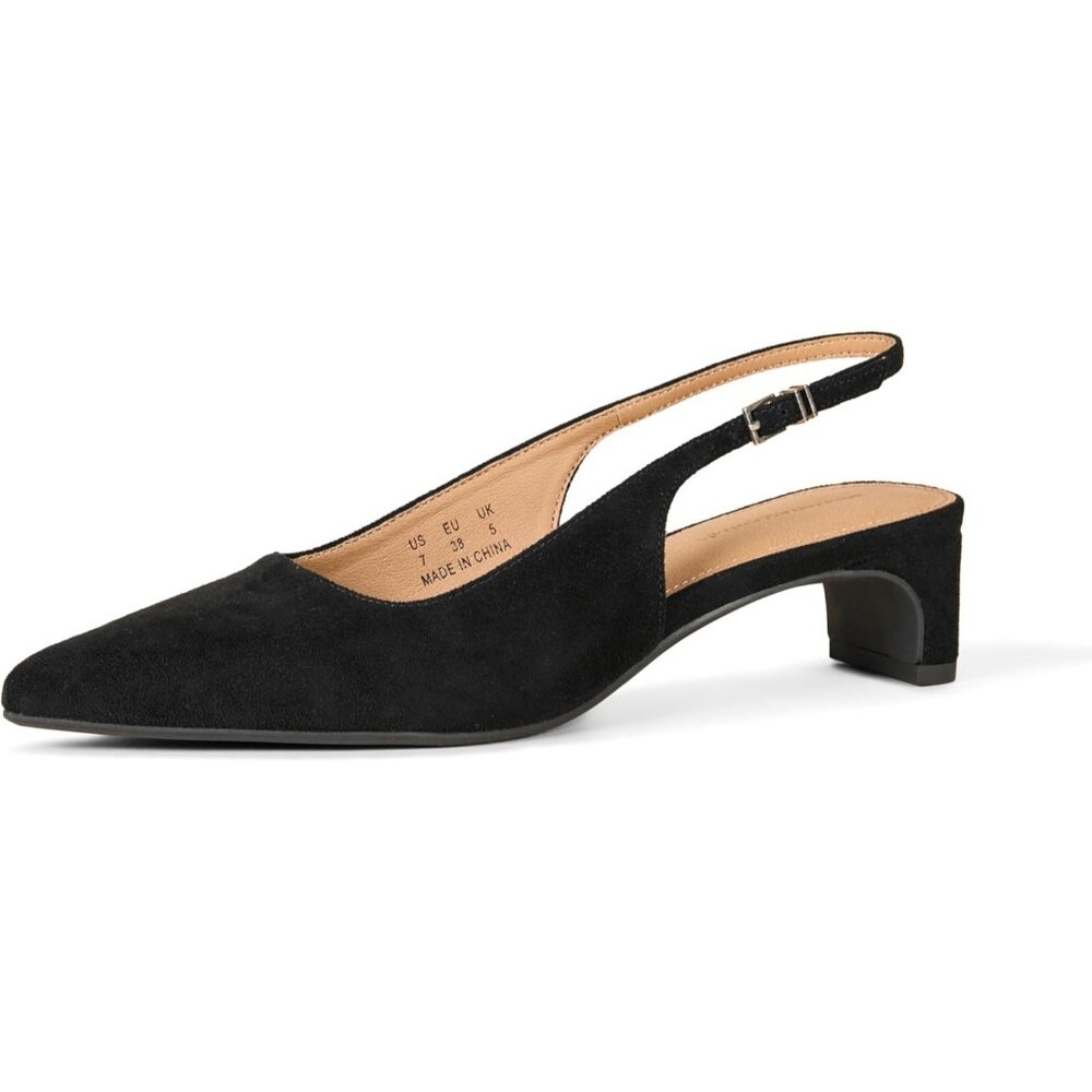 Women's Black Faux Suede Pointed Toe Imported Slingback Comfort Blocked Heels